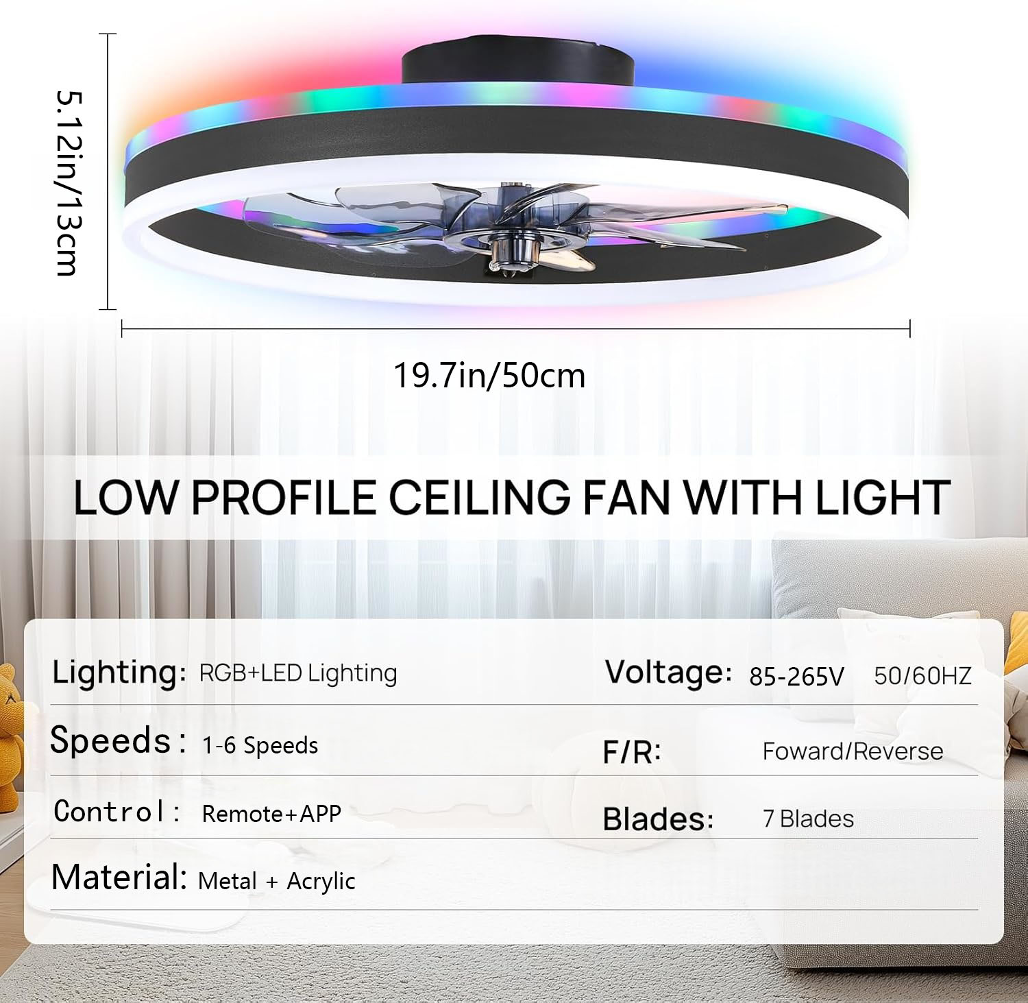 Smart Ceiling Fan - Умный потолочный вентилятор RGB, 6-скоростной вентилятор